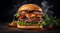 Sizzling Beef Burger On Black Background With Smoky Steam