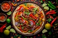 Sizzling beef fajitas layered with vibrant peppers. Generative ai