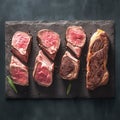 Sizzling beef rib eye steak on slate board, top down culinary perfection