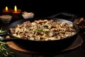 sizzling beef stroganoff in a black frying pan