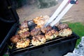 Sizzling burgers and chicken kebabs Royalty Free Stock Photo
