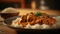 Sizzling Butter Chicken, Aromatic Indian Dish, Steaming on Dark Background
