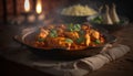 Sizzling Butter Chicken, Aromatic Indian Dish, Steaming on Dark Background