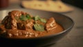 Sizzling Butter Chicken, Aromatic Indian Dish, Steaming on Dark Background