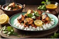 Sizzling Chicken Tikka Delight: Plate Garnished with Fresh Cilantro and Slices of Lemon, Steam Rising From Each Bite Royalty Free Stock Photo