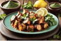 Sizzling Chicken Tikka Delight: Plate Garnished with Fresh Cilantro and Slices of Lemon, Steam Rising From Each Bite Royalty Free Stock Photo