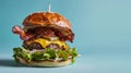 Sizzling Delight: Delectable Cheese Burger Bliss on a Vibrant Blue Canvas