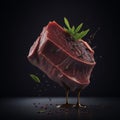 Sizzling Delight: Flying Raw Beef Steak with Oil Pouring