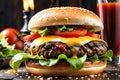 Sizzling Delight: Macro Shot of Beef Burger with Sesame Bun, Capturing Juices and Texture