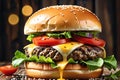 Sizzling Delight: Macro Shot of Beef Burger with Sesame Bun, Capturing Juices and Texture Royalty Free Stock Photo