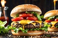 Sizzling Delight: Macro Shot of Beef Burger with Sesame Bun, Capturing Juices and Texture Royalty Free Stock Photo