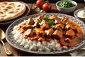 Sizzling Delight: Plate of Butter Chicken in a Vibrant Tomato-Based Creamy Sauce, Garnished with Fresh Coriander