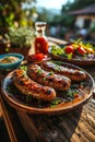 Sizzling Grilled Sausages Garnished with Herbs and Tomato Relish on a Rustic Wooden Board Created With Generative AI Technology