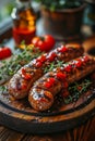 Sizzling Grilled Sausages Garnished with Herbs and Tomato Relish on a Rustic Wooden Board Created With Generative AI Technology