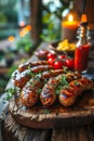 Sizzling Grilled Sausages Garnished with Herbs and Tomato Relish on a Rustic Wooden Board Created With Generative AI Technology