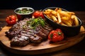 A sizzling grilled steak served with golden fries and zesty salsa, Generative Ai