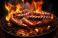 Sizzling image of hot dogs cooking on grill, with vibrant flames in background. Royalty Free Stock Photo