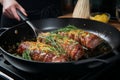 Sizzling mastery cooking meat rolls in a pan with spices