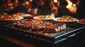 Sizzling meat on grill, flames dancing, evoking smell and warmth, blurred background