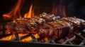 Sizzling meat on grill with flames, evoking sensory experience of warmth and smell