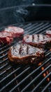 Sizzling meat steaks on the grill, tempting aroma fills air