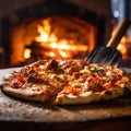 Sizzling Neapolitan Pizza on Wood-Fired Peel at Night