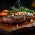 Sizzling perfection a succulent steak rests on a wooden board