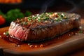 Sizzling perfection a succulent steak rests on a wooden board