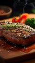 Sizzling perfection a succulent steak rests on a wooden board