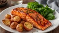 Sizzling Plate. A Culinary Symphony of Grilled Fish, Rustic Potatoes, and Green Leaf Harmony. Royalty Free Stock Photo