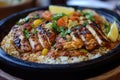 A sizzling plate of kabsa al dajaj with spiced chicken and rice. Royalty Free Stock Photo