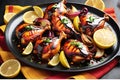 A sizzling plate of Tandoori chicken, vibrant red marinated pieces resting on a bed of caramelized onions
