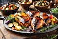 A sizzling platter of barbecue chicken, marinade glistening under a smoky haze, with roasted vegetables on the side