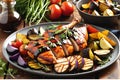 A sizzling platter of barbecue chicken, marinade glistening under a smoky haze, with roasted vegetables on the side