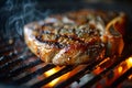 sizzling pork steak on hot grill with smoky ambiance, Generative AI Royalty Free Stock Photo