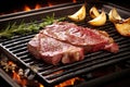 sizzling porterhouse steak on a grill pan