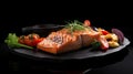 Sizzling Salmon Delight, Grilled and Served on a Black Stone Plate with Fresh Vegetables. AI Generative