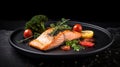 Sizzling Salmon Delight, Grilled and Served on a Black Stone Plate with Fresh Vegetables. AI Generative