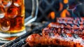Sizzling Sausages and Chilled Beer by Summer Barbecue Royalty Free Stock Photo