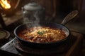 A sizzling skillet of bryani with spiced rice and meat. Royalty Free Stock Photo