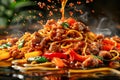 Sizzling Spicy Stir fried Noodles with Beef and Vegetables in Authentic Asian Cuisine