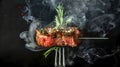 Sizzling Steak on Fork with Herbs and Smoke. Juicy Medium Rare Beef. Culinary Art and Gastronomy. Perfect for Restaurant