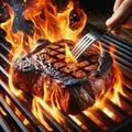 Sizzling steak on grill with fiery flames, garnished with spices, Generative AI