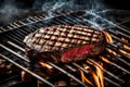 A sizzling steak on a grill with perfect grill marks, smoke rising