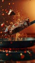 Sizzling steak leaps from pan, a culinary airborne spectacle