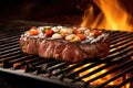 sizzling steak on lit grill, charring on edges