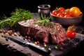 sizzling steak on a stone platter with a knife