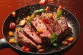Sizzling steak and veggies soar in flying frying pan