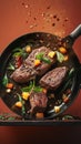 Sizzling steak and veggies soar in flying frying pan