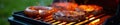 Sizzling steaks and bratwurst on a propane grill , grilling, protein, outdoor